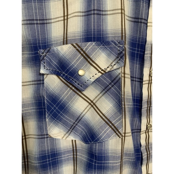 Ely Cattleman Blue Plaid‎ Short Sleeve Pearl Snap Men's L Ranch Rodeo Cowboy - Picture 8 of 16